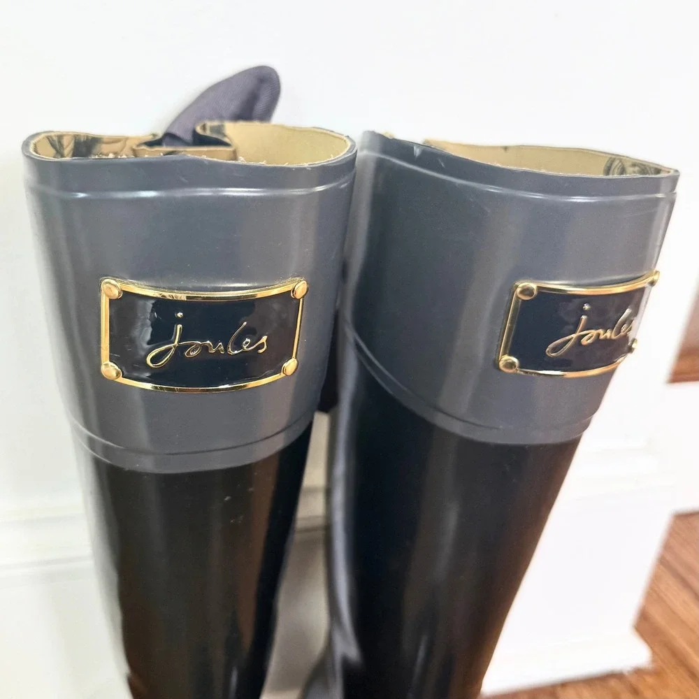 Joules Evedon Rain Boots Womens 8 Black Bow Back Waterproof Tall